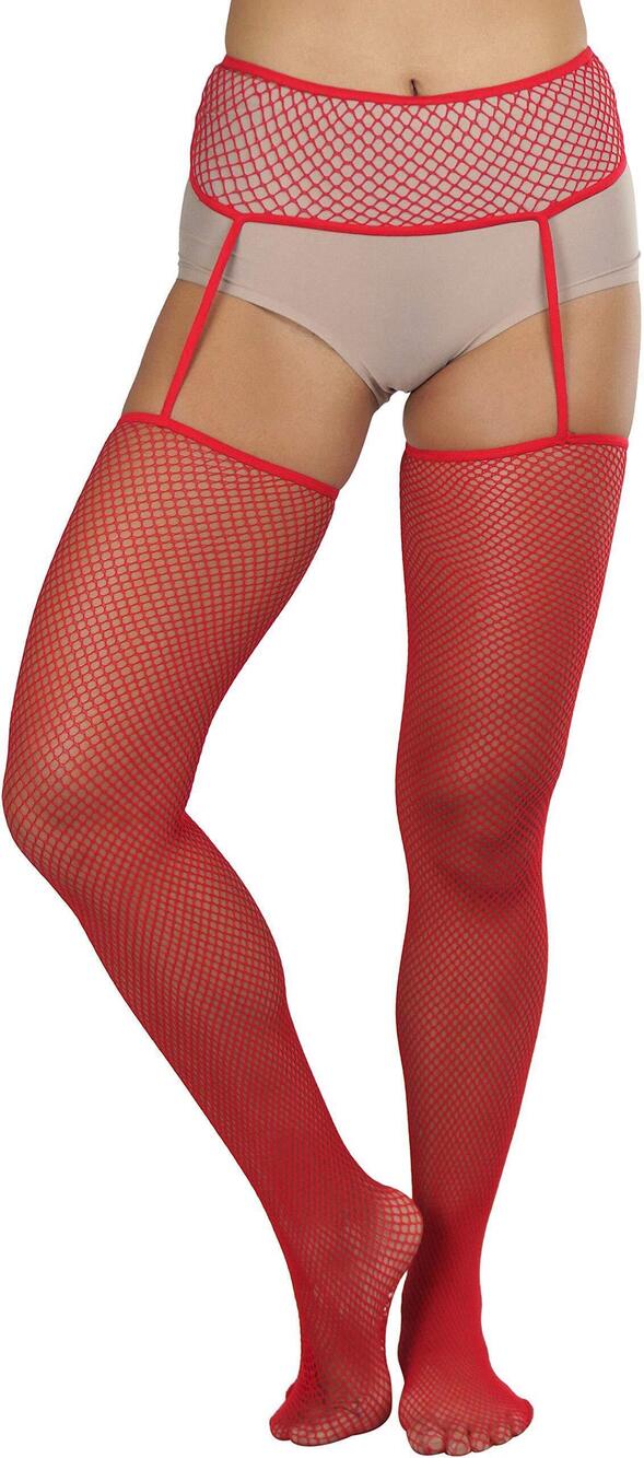 7024 Fishnet Thigh Hi Stockings with Attached Garterbelt - Red